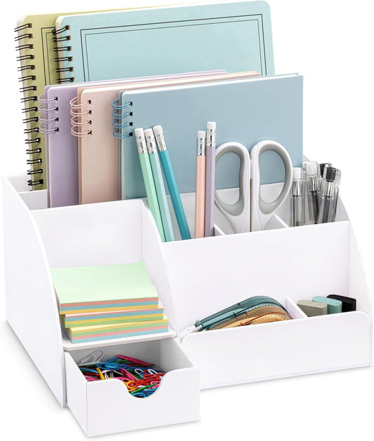 Office Desk Organizer, White Acrylic with Drawer, 9 Compartments - All in One Office Supplies and Cool Desk Accessories Pen Holder, Enhance Your Office Decor Desktop (White).