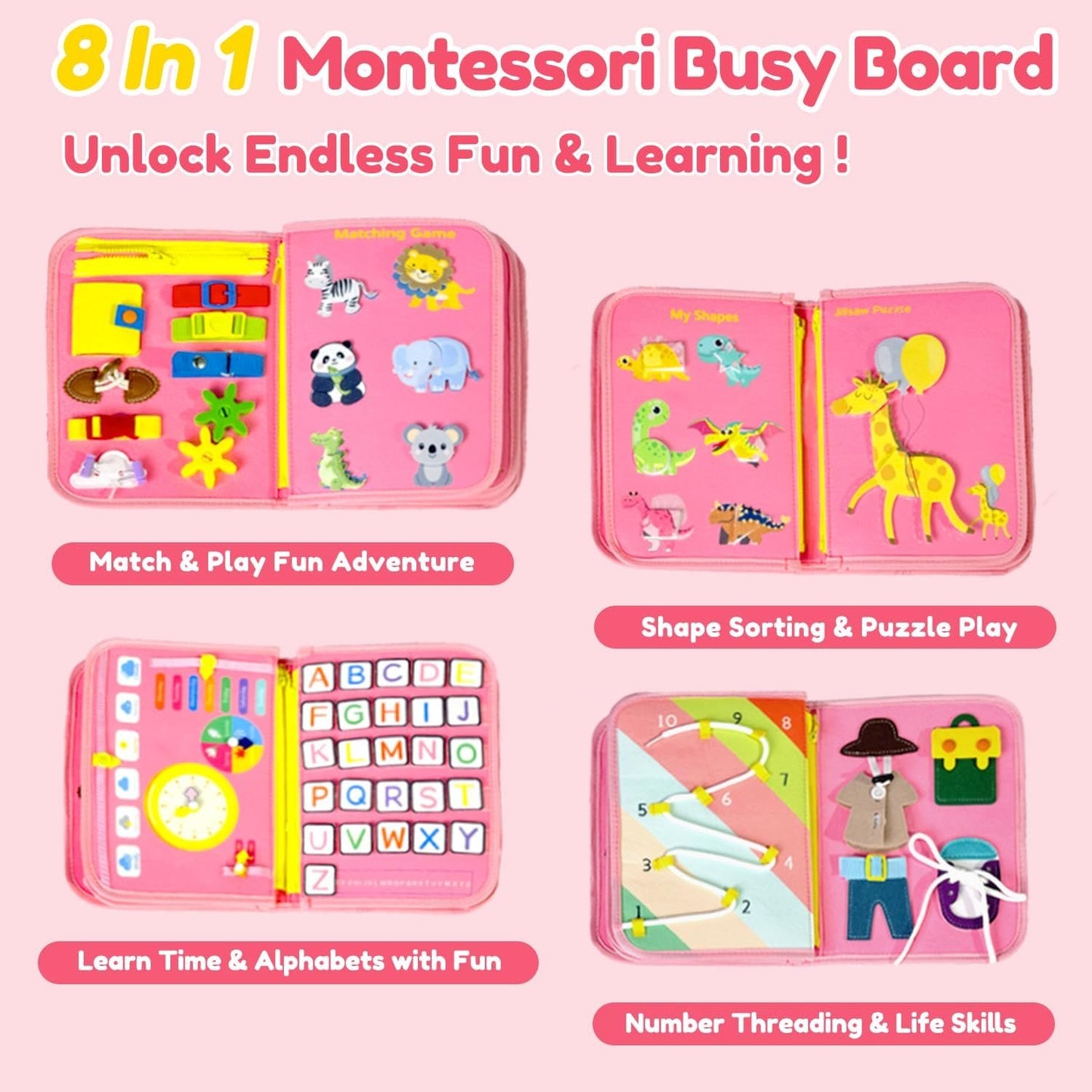 Qizfun Busy Board Book Montessori Toys for 1 2 3 4 Year Old, Girl Birthday Gifts, Educational Sensory Learning Toys for Toddlers 1-3, Car Airplane Travel Activities Toys for Kids Ages 2-4 Year Old