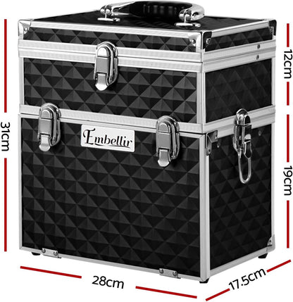 Embellir Makeup Case, Aluminium Beauty Cases Suitcase Make Up Large Organisers Storage Portable Toiletry Cosmetic Box Travel Indoor Outdoor Accessories, with 2 Sliding Trays Level Section Black