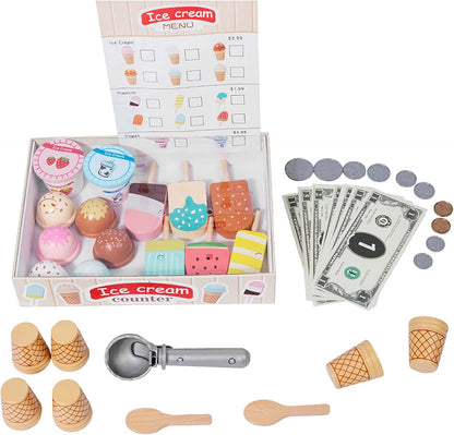 BEACENOV Wooden Pretend Play Ice Cream Counter for Kids, Toddler Wooden Toys, 45 Pcs Play Food Set, Scoop and Serve Ice Cream Station Playset