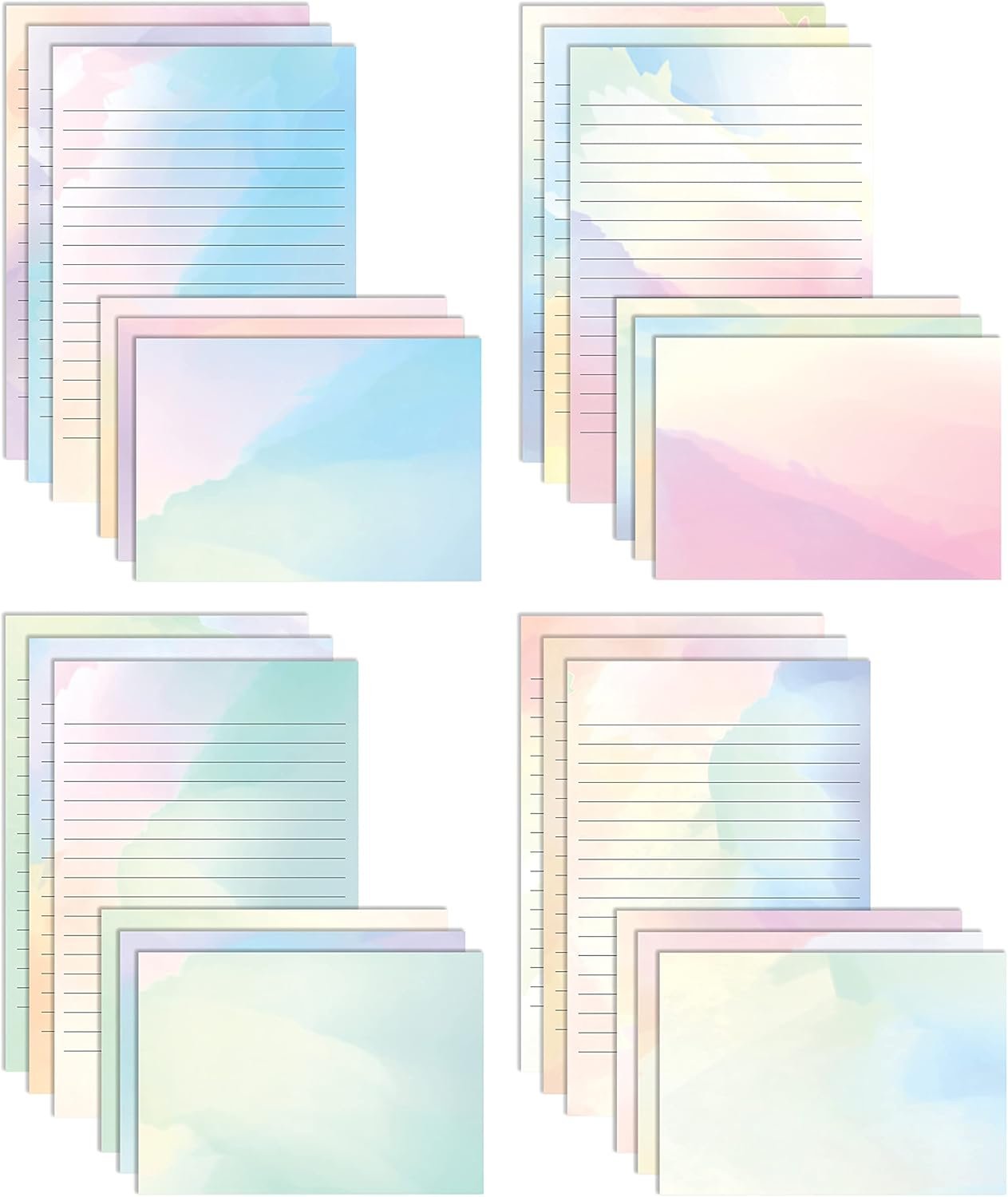 Mini Stationery Set, 100 Piece Set (50 Lined Watercolor Sheets + 50 Matching Envelopes), 5.5 x 8.25 inch, 12 Unique Designs, Double Sided Printing, One Side Lined Paper, by Better Office Products