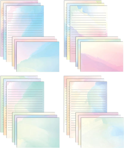 Mini Stationery Set, 100 Piece Set (50 Lined Watercolor Sheets + 50 Matching Envelopes), 5.5 x 8.25 inch, 12 Unique Designs, Double Sided Printing, One Side Lined Paper, by Better Office Products