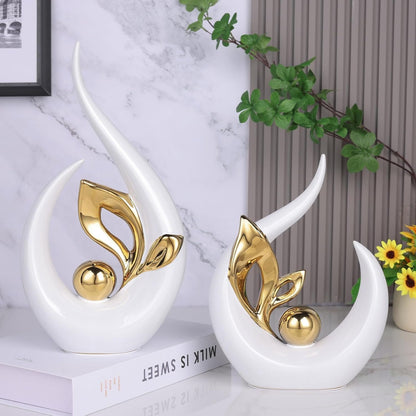 LCCCK Modern Abstract White and Gold Ceramic Sculptures- Home Decor Design Ornaments, Decorative Statues for Living Room, Elegant Modern Centerpiece for Table and TV Cabinet, Set of 2