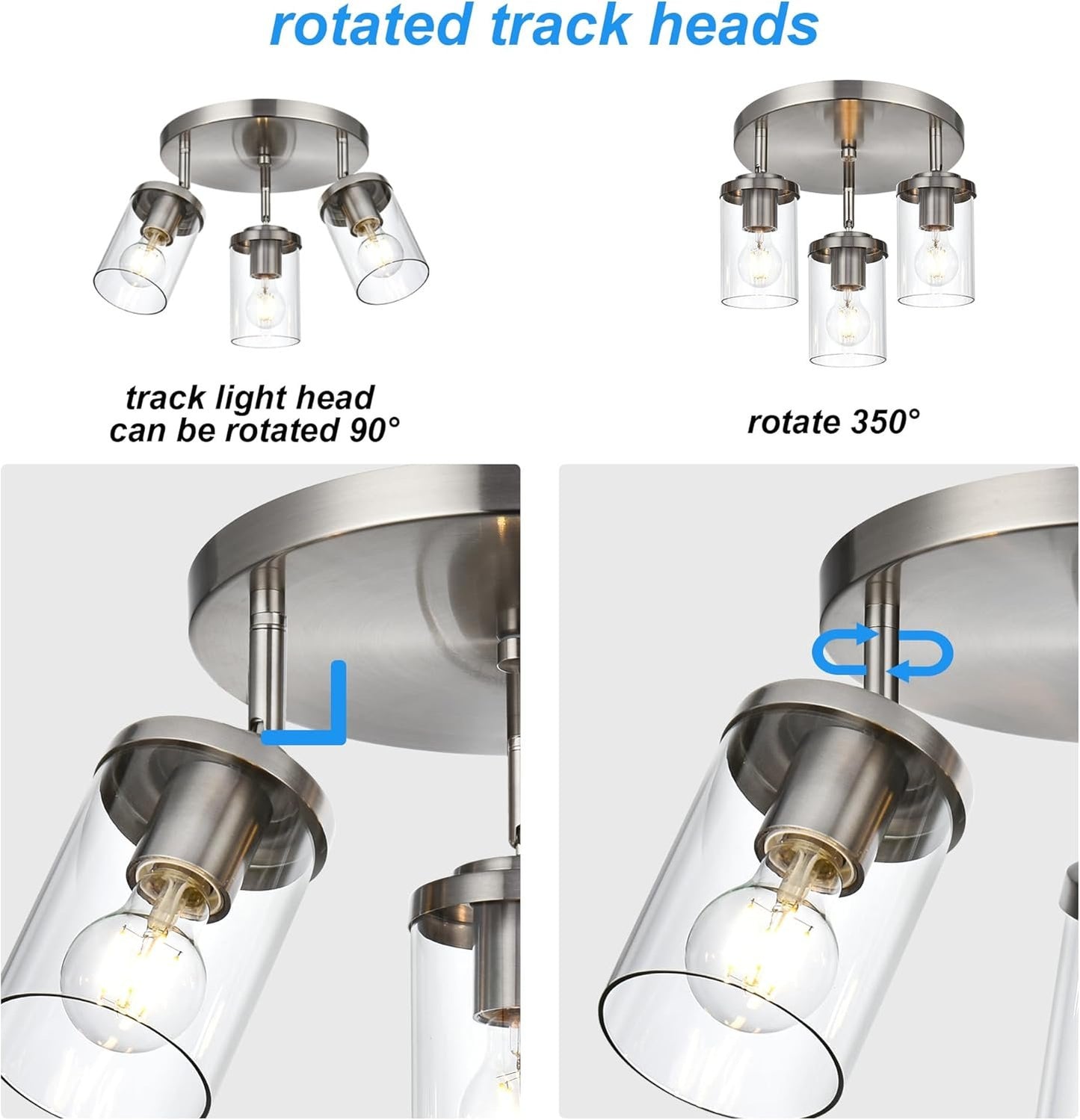 BONLICHT 3-Light Adjustable Round Spotlight Track Lighting Brushed Nickel Kitchen Light Fixture Semi Flush Mount Modern Directional Glass Hallway Ceiling Lights for Bedroom Office Picture Wall Bar