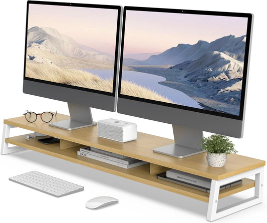 Fenge Monitor Stand, Extra Wide 42.5 in Dual Monitor Riser with Storage Space, 99lbs Weight Capacity Computer Desk Organizer for 2 monitors, Ergonomic Designed Deskshelf for Office, Gaming & Home Office (Oak)
