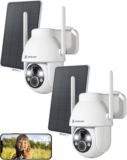 COCOCAM 2PCS Solar Camera Outdoor Wireless, 2K PTZ 2.4GHz Wi-Fi, Home Security, AI Motion Detection, Color Night Vision, 2-Way Audio, IP66, Cloud