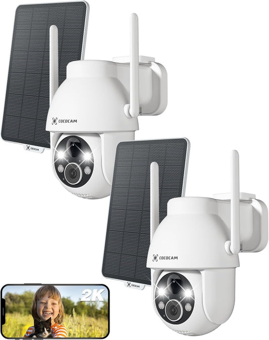COCOCAM 2PCS Solar Camera Outdoor Wireless, 2K PTZ 2.4GHz Wi-Fi, Home Security, AI Motion Detection, Color Night Vision, 2-Way Audio, IP66, Cloud