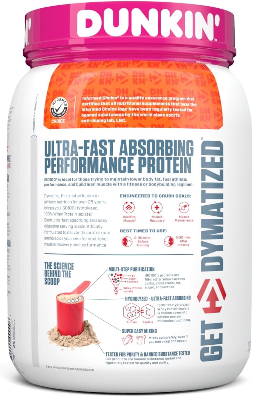 Dymatize ISO100 Hydrolyzed Protein Powder in Dunkin' Mocha Latte Flavor, 100% Whey Isolate Protein, 25g Protein, 95mg Caffeine, 5.5g BCAAs, Gluten Free, Fast Absorbing, Easy Digesting, 20 Servings