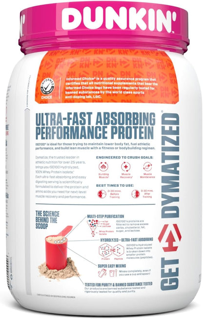 Dymatize ISO100 Hydrolyzed Protein Powder in Dunkin' Mocha Latte Flavor, 100% Whey Isolate Protein, 25g Protein, 95mg Caffeine, 5.5g BCAAs, Gluten Free, Fast Absorbing, Easy Digesting, 20 Servings