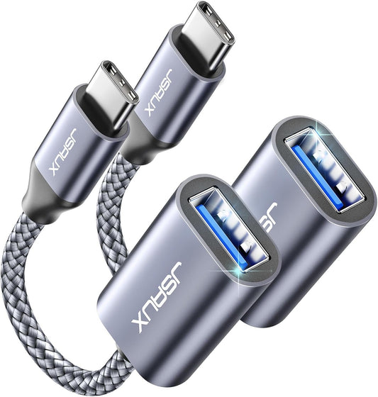 JSAUX 2 Pack USB C to USB Adapter, Type C to USB 3.0 OTG Cable, Thunderbolt 3 Compatible with iPhone 16/15/Pro/Max/Plus, Samsung S24/S23/S22, MacBook Pro/Air, iPad Pro, Dell XPS - Grey