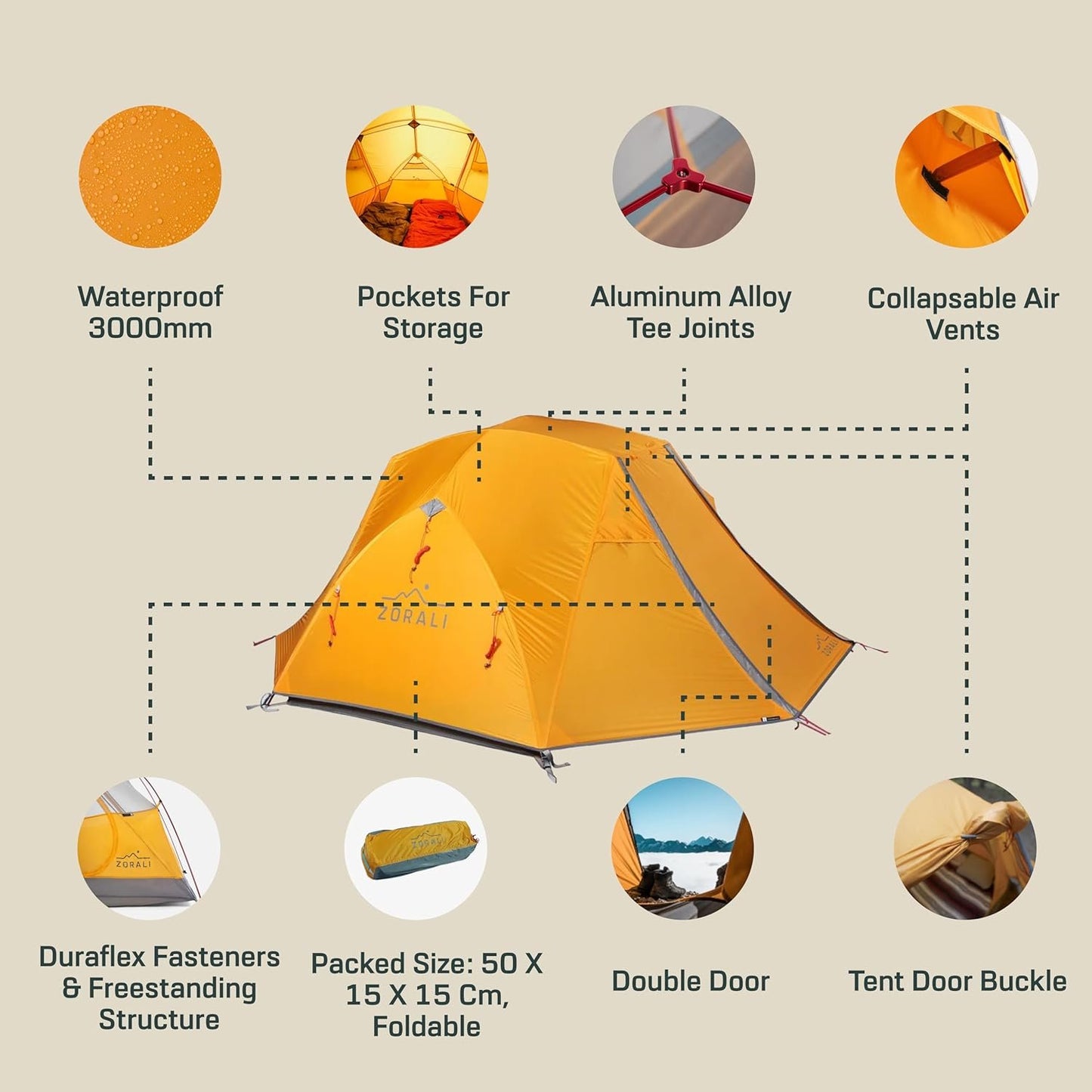 Zorali Highland 2-Person Waterproof Tent - Easy Setup Camping & Hiking Tent - Lightweight, Dual Doors, Ideal for Backpacking & Car Camping, 3-Season Outdoor Adventures & Camping Essential