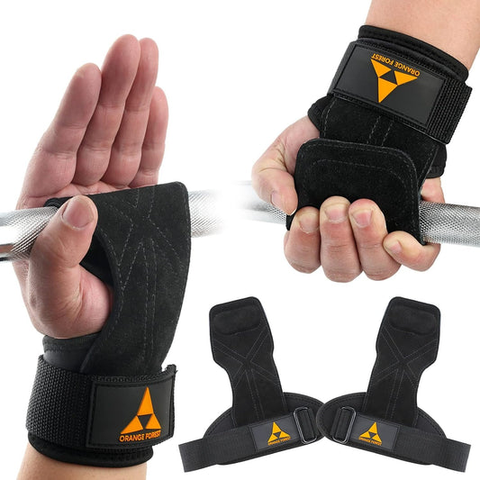 ORANGE FOREST Weight Lifting Wrist Strap with Double Layer Leather, Neoprene Padded Gym Lifting Grips for Deadlift Powerlifting and Pull Up for Men Women (Pair)
