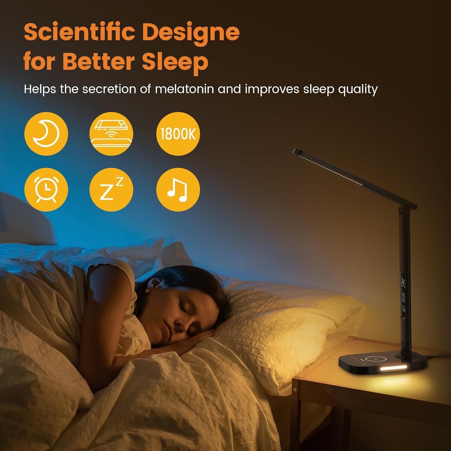 LASTAR Desk Lamp,Smart 18W Wireless Rechargeable Led Table Lamp, USB Charging, 5 Brightness Levels, 5 Colour Temperatures, Perpetual Calendar, Alarm Clock and Memory Function Desk Lamp for Home Office