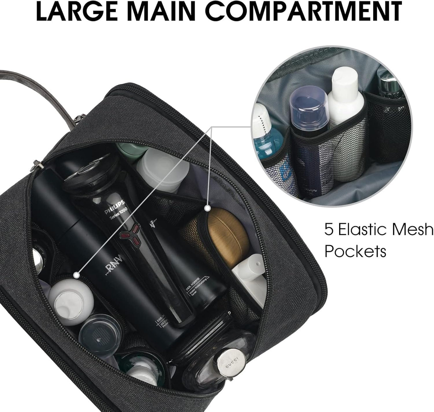 WANDF Travel Toiletry Bag for Men Hanging Dopp Kit Canvas Toiletry Organizer Water-Resistant Vegan Leather Shaving Bag with Wet Pocket