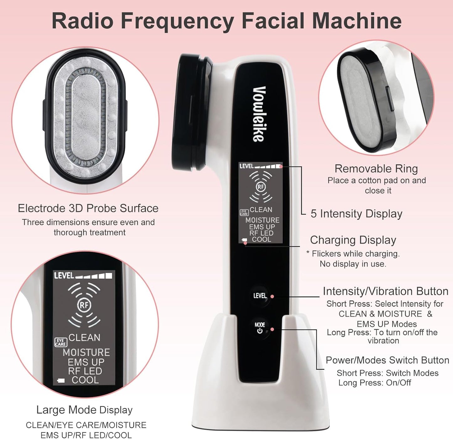 Microcurrent Facial Device, Vowleike 10 Key Benefits Skincare Face Massager with Stand, Rechargeable 6 in 1 Vibrating Facical Tool for Neck, Face and Body for Women, Ivory White