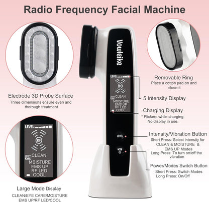 Microcurrent Facial Device, Vowleike 10 Key Benefits Skincare Face Massager with Stand, Rechargeable 6 in 1 Vibrating Facical Tool for Neck, Face and Body for Women, Ivory White