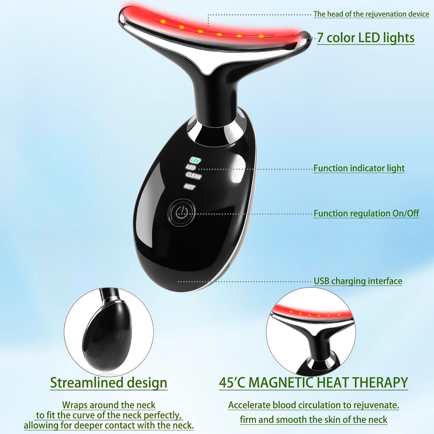 Face Neck Beauty Device, 7 Color Led Face Neck Massager,Multifunctional Facial Skin Care Tool, Ideal for Home Skin Care (Black)