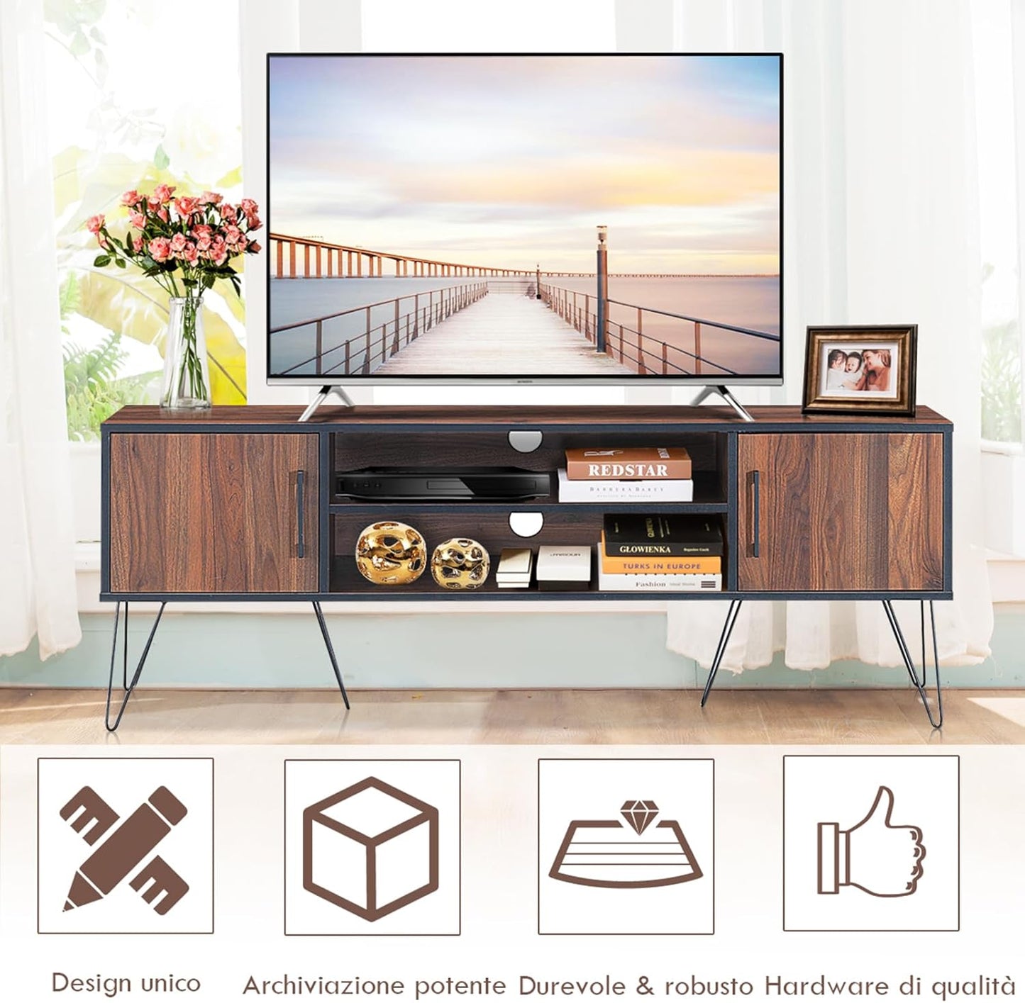 COSTWAY TV Stand Up to 60", TV Stand with 2 Doors, Cable Holes and Adjustable Shelf, TV Stand with Metal Legs for Living Room, Bedroom, 150 x 39 x 56 cm, Mrrone