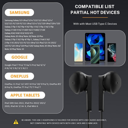 USB C Headphones for iPhone 15/16 Pro Max/ 15 Pro Max Earphones Wired Type C with Mic Stereo USB C Earbuds Semi in Ear Headphone Wired for Samsung S25/ S24/ S23 Ultra Pixel 8 9 Pro Android
