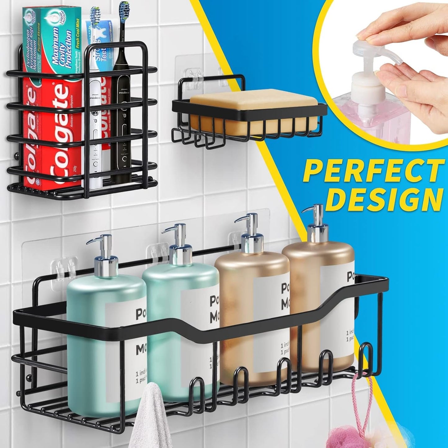 Laimew 5-Pack Shower Caddy, 304 Stainless Steel Bathroom Organizers, Adhesive Shower Shelves Shower Shelf, Black Shower Organizer Bathroom Accessories Set Bathroom Shelf