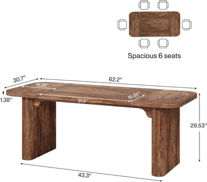 Tribesigns Farmhouse Dining Table for 4-6 People, 62-Inch Modern Kitchen Table with Double Robust Pedestal, Long Rectangular Wooden Dinner Table for Dining Room (Only Table) (Brown)