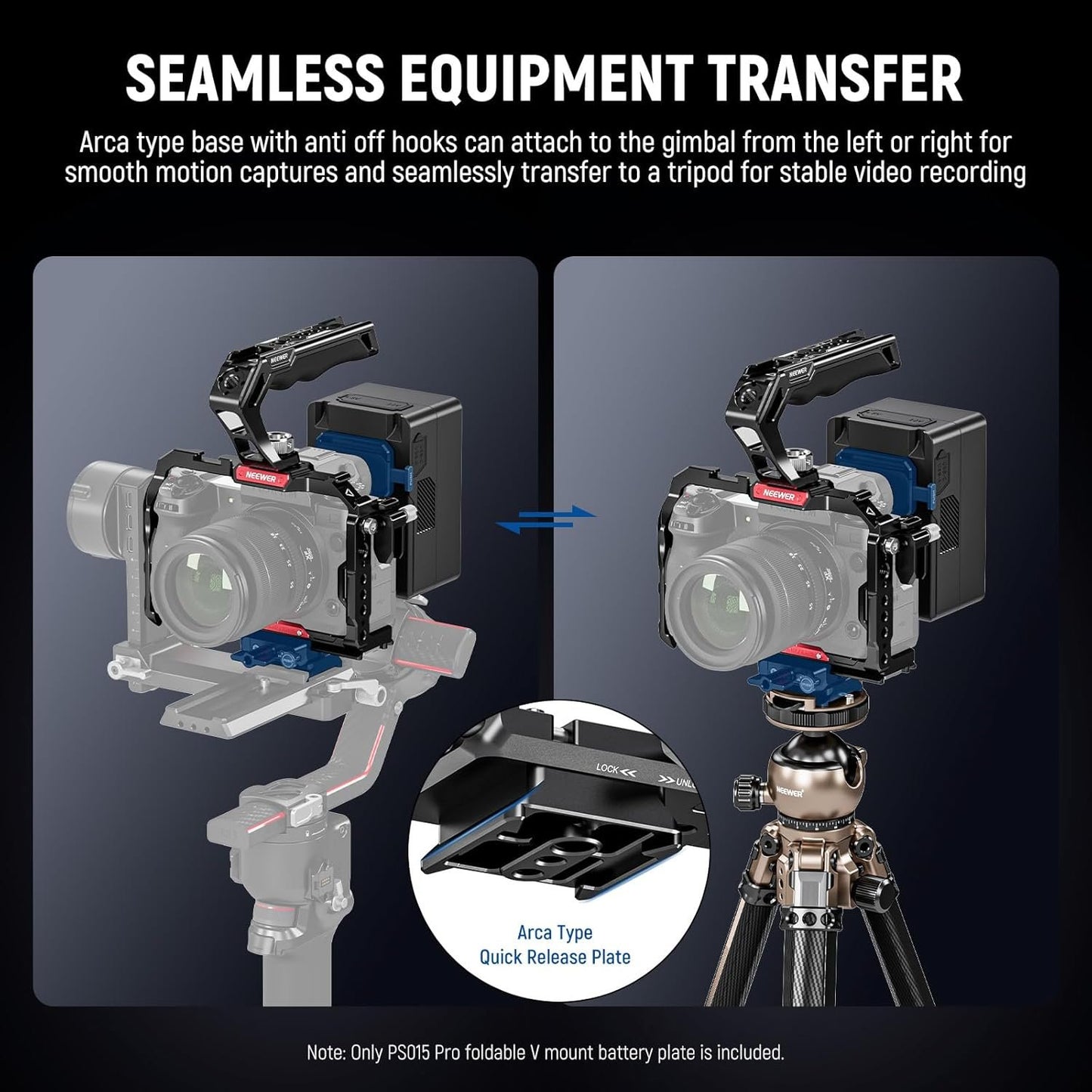 NEEWER V Mount Battery Plate with Arca Type Quick Release Plate, Foldable V Lock Mounting Adapter for NEEWER PS099E, Compatible with Camera Cage Video Rig Accessories DJI RS4 RS3 Gimbal, PS015 PRO