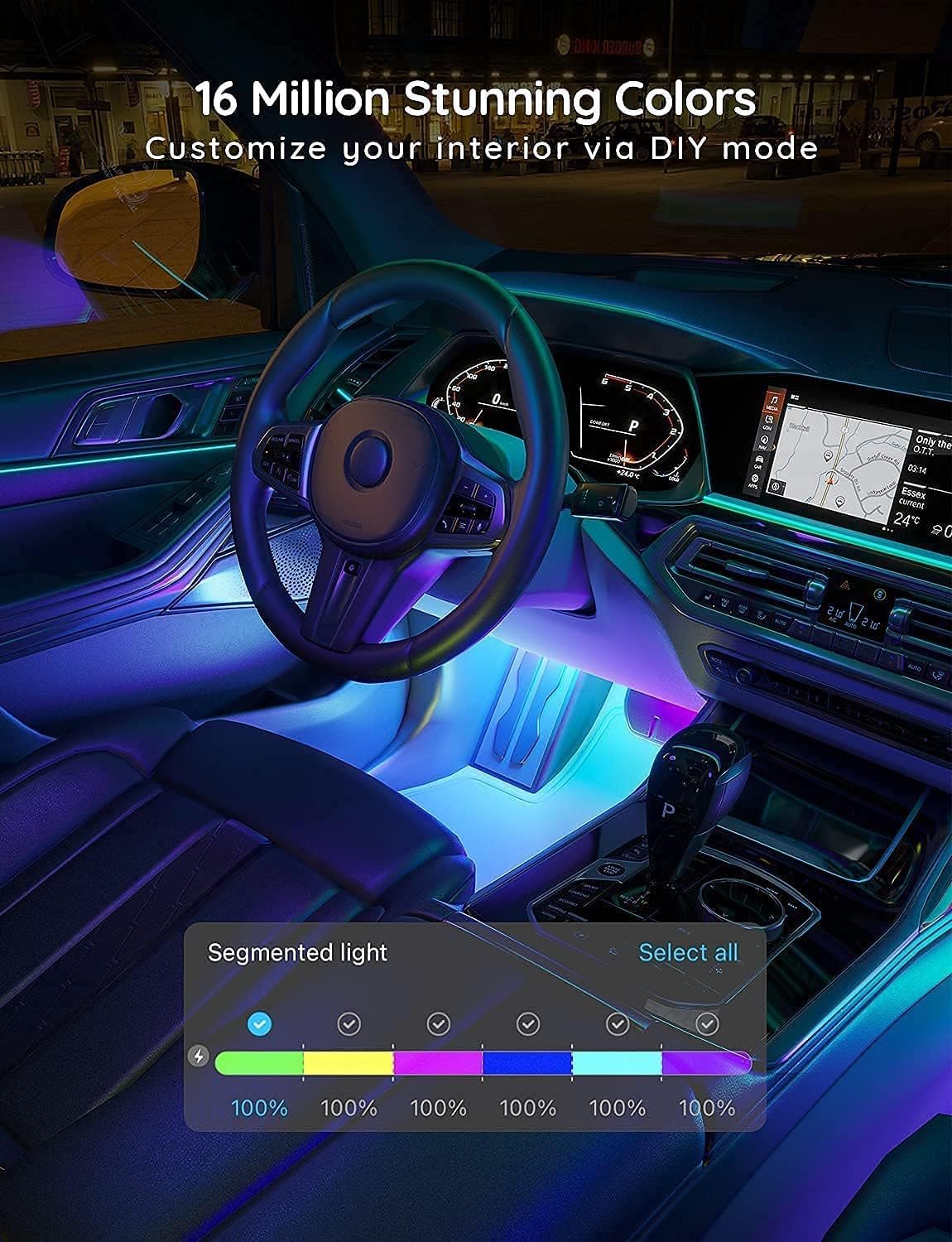 Govee Interior Car Lights, RGBIC Car Lights Car Atmosphere Lights with Smart APP Control 4pcs, Music Sync Mode, 30 Scene Options 16 Million Colors, DIY Mode, Car LED Strip Lights for Cars, SUVs