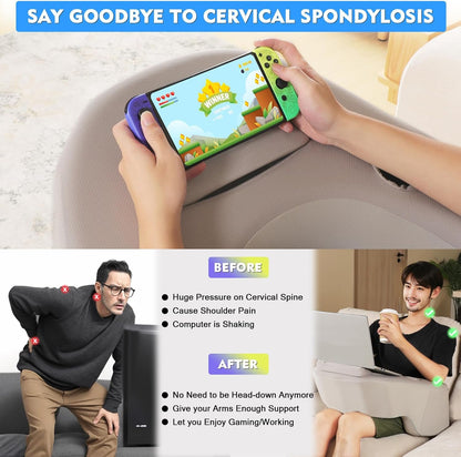 Reading Pillow for Gaming, Enlarge Arm Rest Pillow with Laptop Stand&Pocket for Adult, 100% Memory Foam Bed Rest Pillow for Gaming, Reading, Working, Laptop Desk Pillow for Couch Bed Floor,Grey