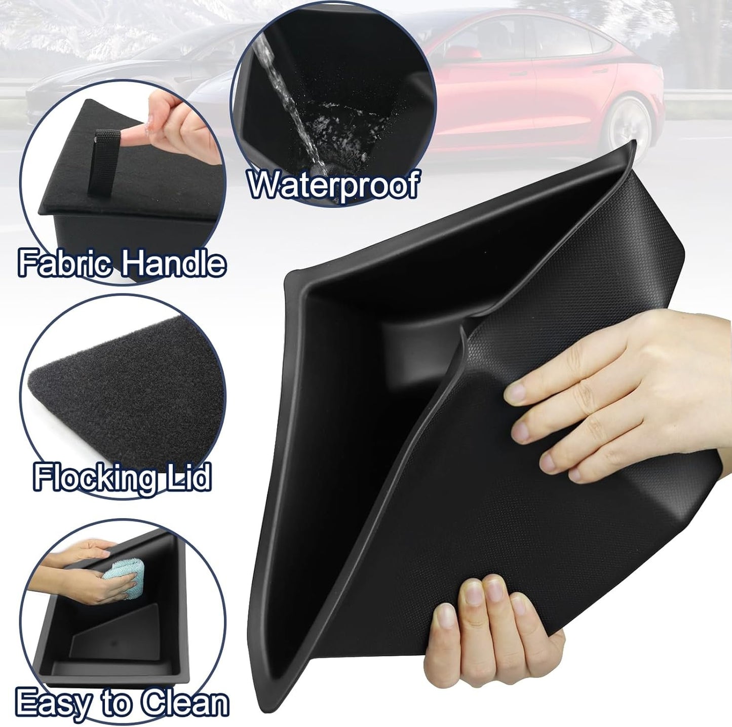 Car Trunk Organizer for Tesla Model 3 Highland 2025 2024, 2-Pack Rear Trunk Storage Boxes with Lids, TPE Waterproof Trunk Side Packets Tray Storage Bins Accessories