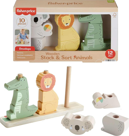 Fisher-Price Wood Baby Toy Stack & Sort Animals, 10 Wooden Pieces for Developmental Play for Infants & Toddlers Ages 1+ Years