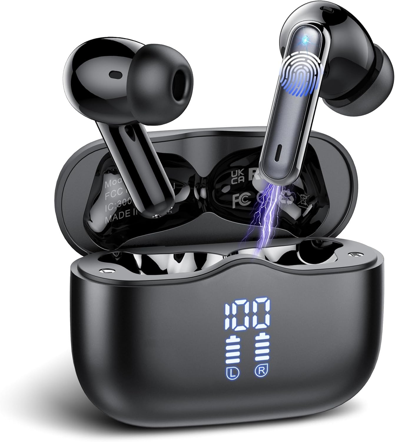 Wireless Earbuds, Bluetooth Headphones 5.4 HiFi Stereo, 40 Hrs Wireless Ear Buds with 4 ENC Noise Cancelling Mics, LED Digital Display USB C, IPX7 Waterproof in Ear Earphones for iOS and Android Black