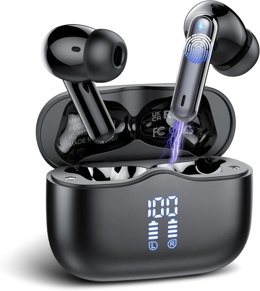 Wireless Earbuds, Bluetooth Headphones 5.4 HiFi Stereo, 40 Hrs Wireless Ear Buds with 4 ENC Noise Cancelling Mics, LED Digital Display USB C, IPX7 Waterproof in Ear Earphones for iOS and Android Black