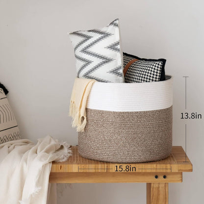 INDRESSME Large Cotton Rope Storage Basket - Woven Blanket Basket in Living Room Pillows Storage Bins with Handles for Toys Plant Basket Home Decor Warm Mix Brown White, 15.8"x15.8"x13.8"