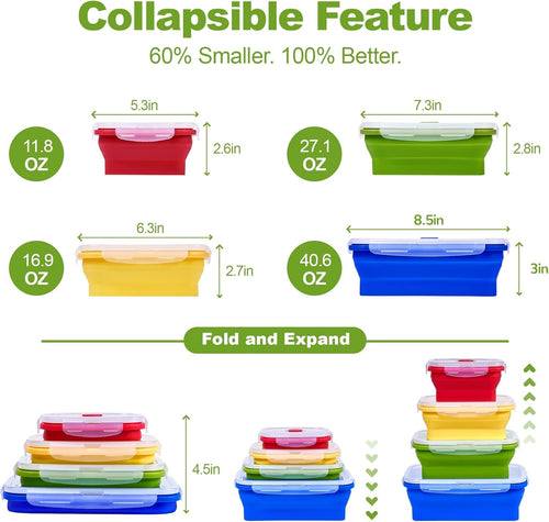 Set of 4 Collapsible Silicone Food Storage Container, Leftover Meal Box for Kitchen, Bento Lunch Boxes, BPA Free, Microwave, Dishwasher and Freezer Safe. Foldable Thin Bin Design Saves Your Space.