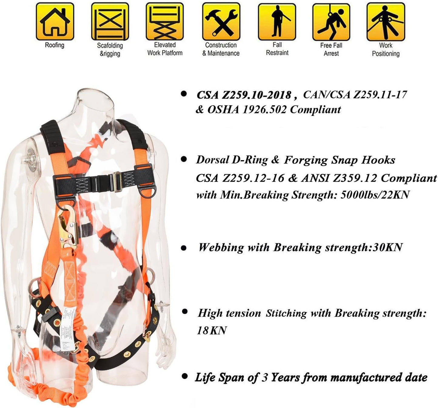WELKFORDER 3D-Ring Fall Protection Safety Harness [3pt Adjustment＆Leg Tongue Buckles] with 6-Foot Internal Shock Absorbing Lanyard [Snap Hook End] | Permanent attached Kit | CSA Compliant