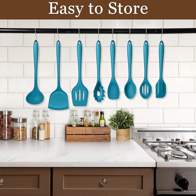 LIANYU 8Pcs Kitchen Utensils Set, Heat Resistant Cooking Utensils, Kitchen Tools Gadgets for Nonstick Cookware, Includes Silicone Spatula, Ladle, Spoon Turner, Dishwasher Safe, Blue