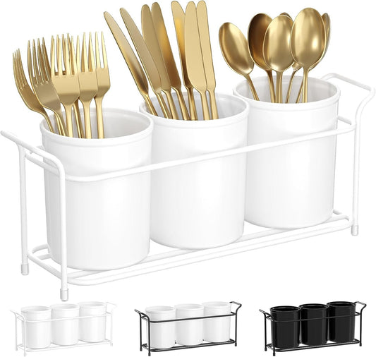 Lifewit Silverware Caddy, Utensil Holder for Party, Cutlery Flatware Organizer for Kitchen Countertop, Forks Spoons Knives Storage for Picnic Camping Outdoor Buffet, White