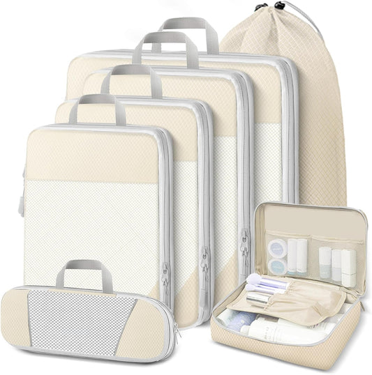Lannvan Organizer Suitcases, Set of 7 Compression Packing Cubes, beige