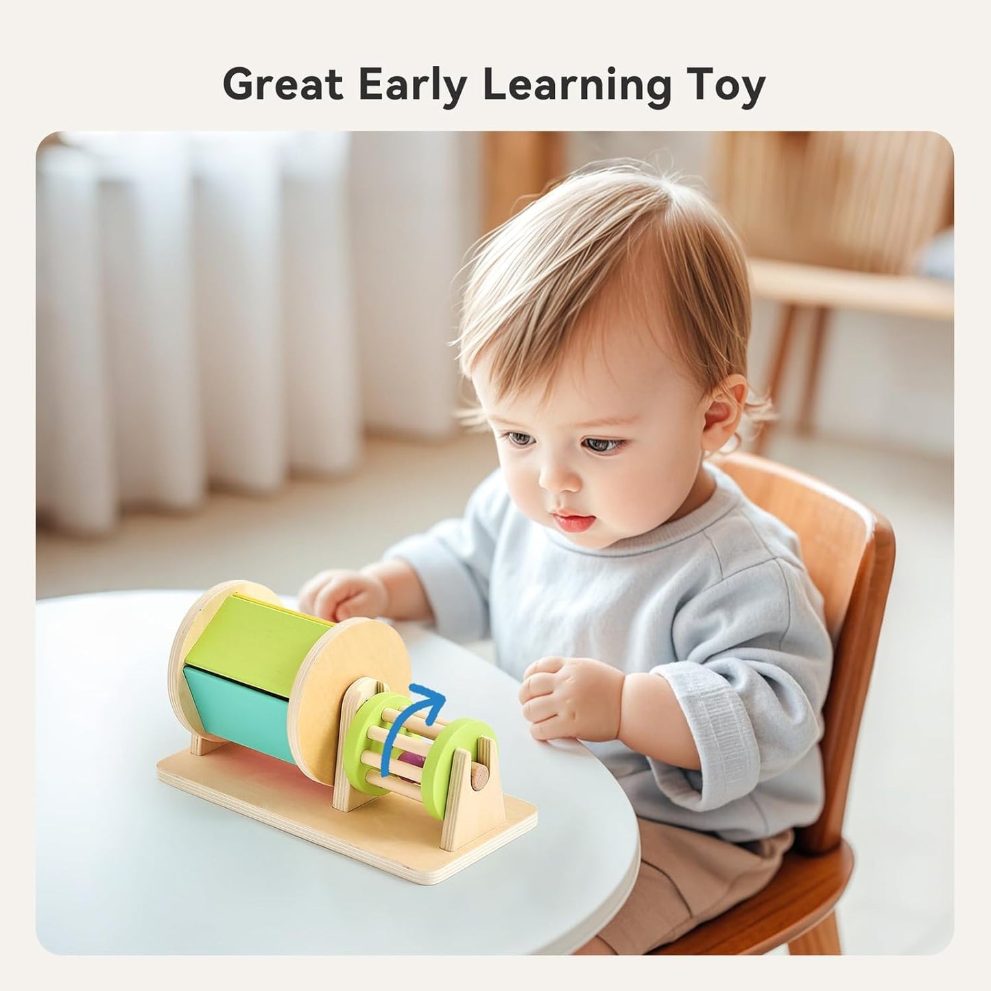 Promise Babe 2-in-1 Montessori Baby Toys | Wooden Spinning Drum & Rolling Rattle Combo for 3 6 12 Months | Sensory Development Toys with Mirror, Bells & Tummy Time Play | ASTM Certified Gift