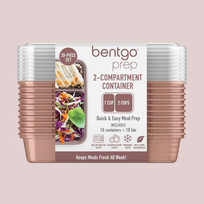 Bentgo Prep 2-Compartment Meal-Prep Containers with Custom-Fit Lids - Microwaveable, Durable, Reusable, BPA-Free, Freezer and Dishwasher Safe Food Storage Containers - 10 Trays & 10 Lids (Rose Gold)