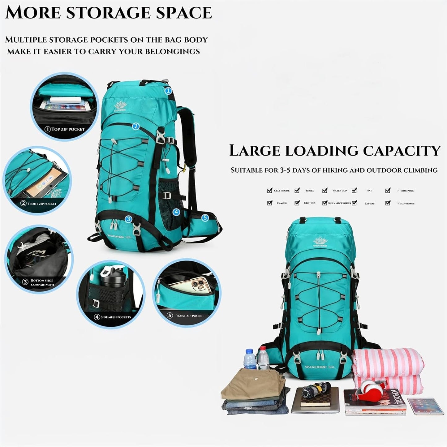 XCJump 60L Hiking Backpack Water Resistant Outdoor Sports Travel Daypack Bag Lightweight Bag With Rain CoverFor Women Men Mountaineering Camping Tourism