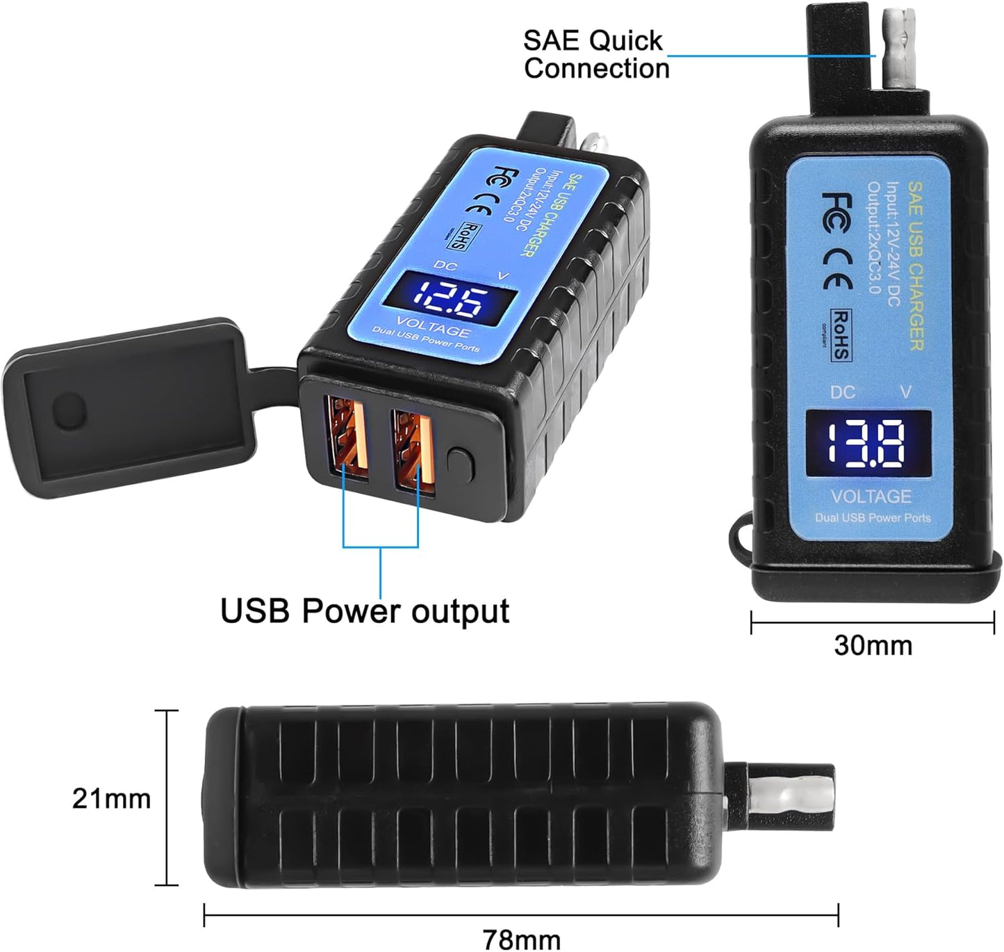 MEIRIYFA Motorcycle USB Phone Charger, SAE to Dual USB Phone Tablet GPS Charger Adapter 3A Fast Charger with Dual USB QC3.0, Voltmeter, ON/Off Switch Waterproof Motorcycle Accessories