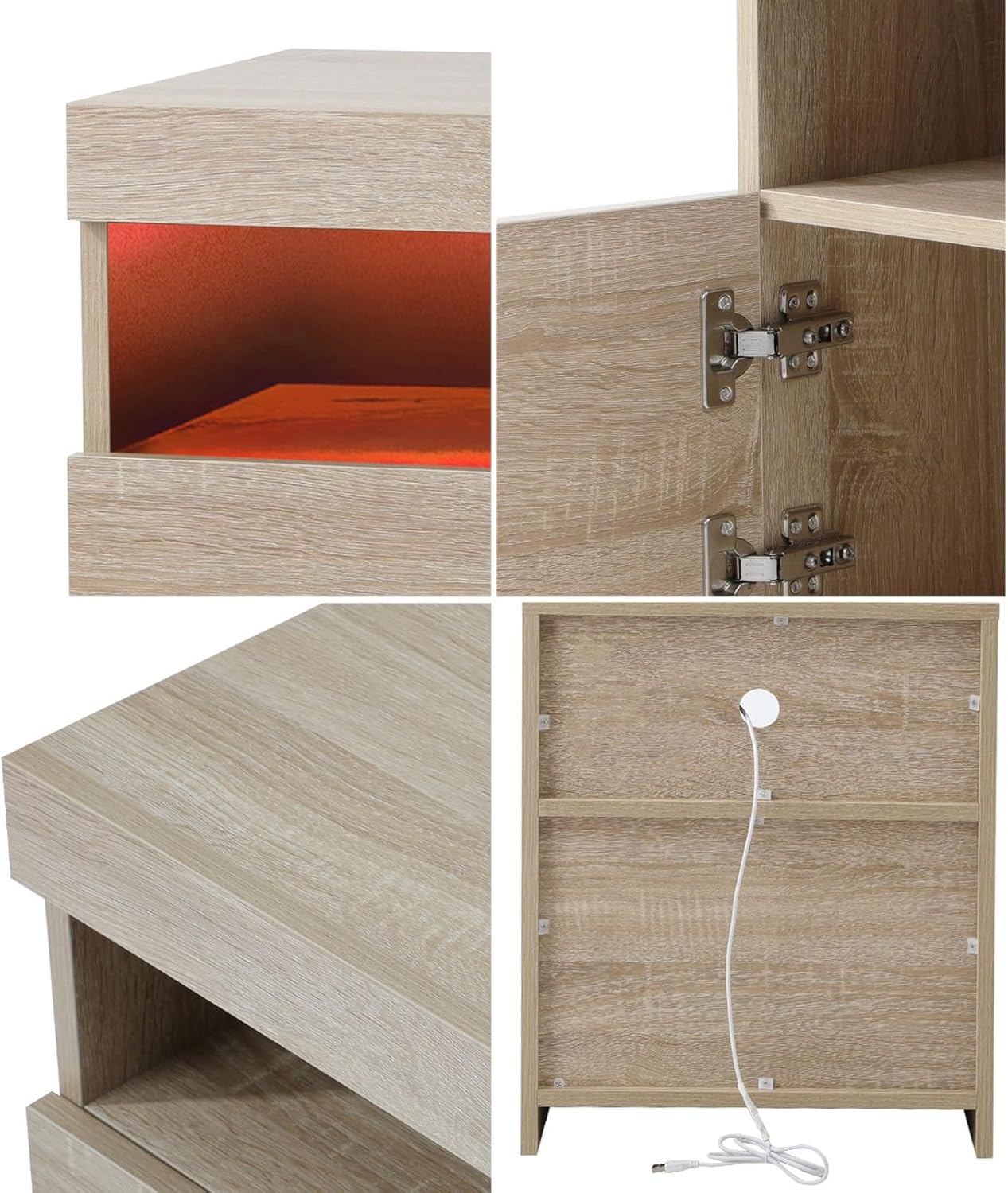 Oikiture Bed Side Table with LED Light Open Shelf and Storage Cabinet Wooden Bedside Table Nightstand