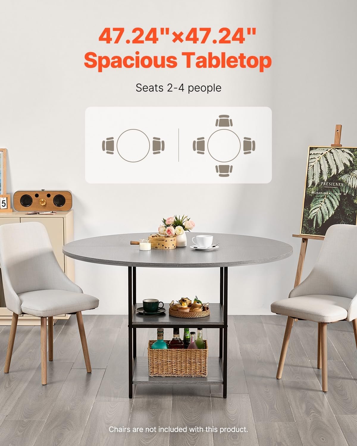 VEVOR Round Dining Table, 47 inch Wood Table for 2-4 Person, Modern Circle Dinner Furniture, Leisure Tables with Storage Shelf and Metal Legs, for Home Kitchen Living Room, Grey (Only Table)