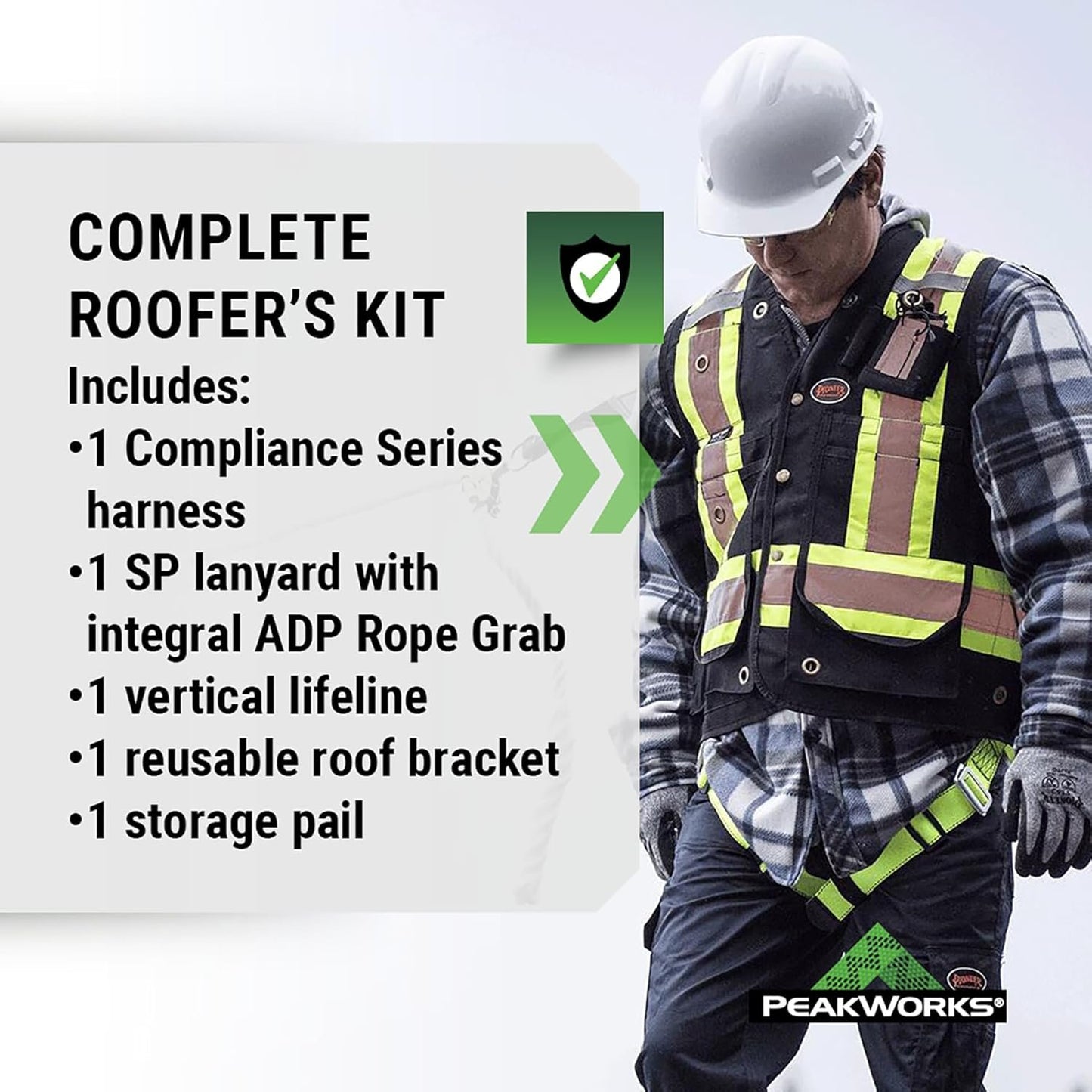 PeakWorks Compliance Series Roofer's Kit - Includes Class A Harness, SP Lanyard, Vertical Lifeline & Roof Bracket - CSA, ANSI, OSHA Compliant Fall Protection