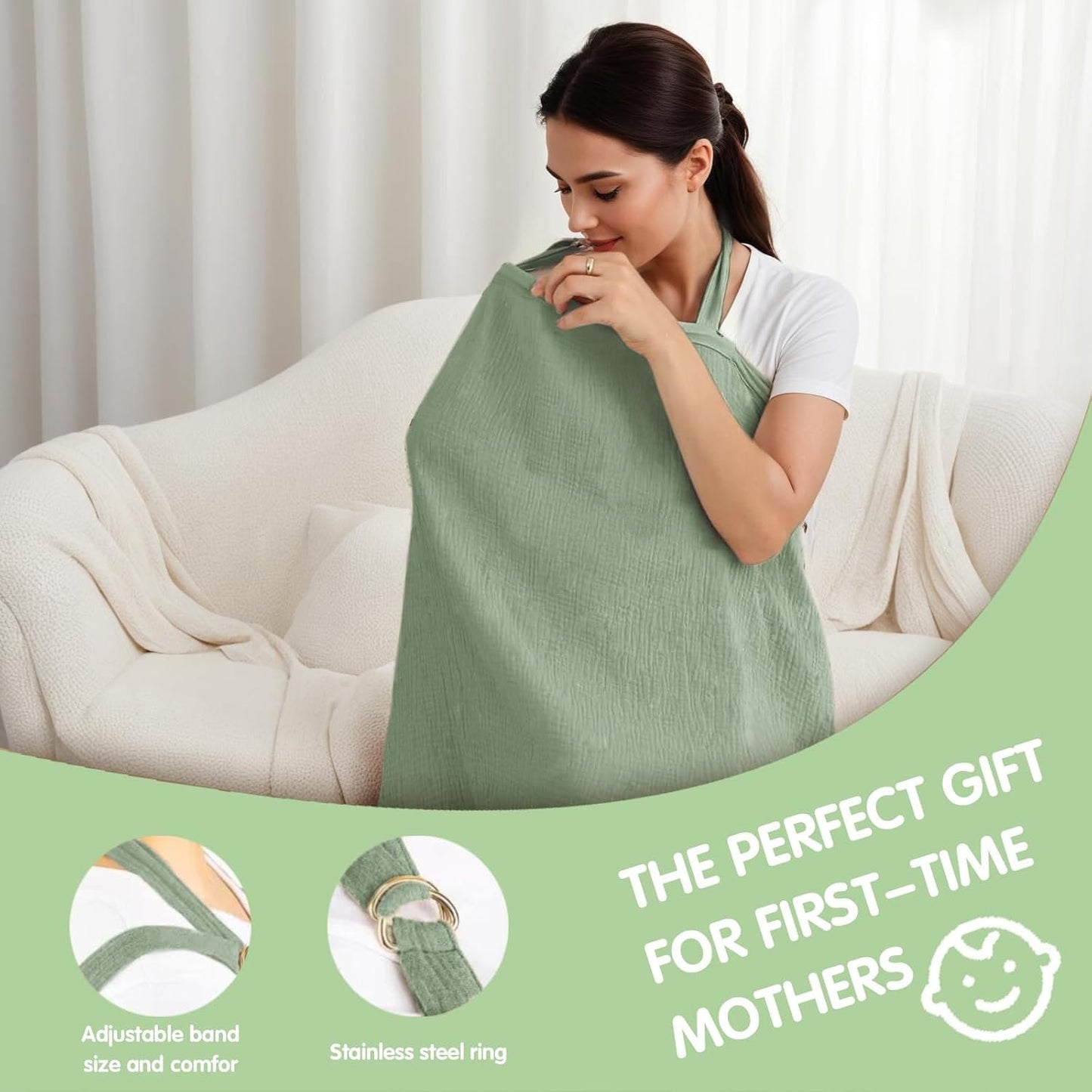 Muslin Nursing Cover for Breastfeeding - Breathable 100% Cotton With Rigid Hoop for Mom (Green)