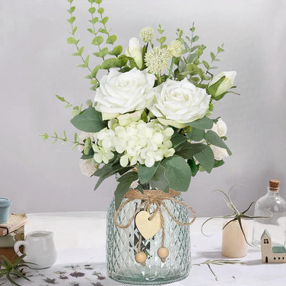 Avoik Artificial Flowers with Glass Vase Fake Flower Bouquet Faux Rose in Vases for Home Dcor Flowers Modern Home Decor Table Decorative Flower Vase for Dinner Office Bedroom, White