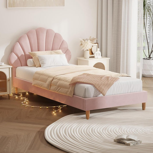 Oikiture Bed Frame Single with Scallop-Shape BedHead Pink Velvet Single Bed