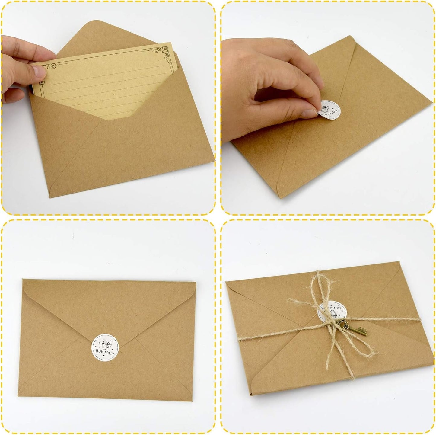 Dxhycc 6 Set Vintage Stationary Paper and Envelopes Set, 24 Sheets of Vintage Letter Papers, 12 Envelopes, 12 Hemp Ropes, 12 Retro Keys, 12 Sealing Stickers