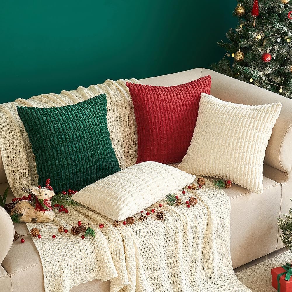 MIULEE Pack of 2 Corduroy Throw Pillow Covers Soft Decorative Boho Striped Cushion Covers Farmhouse Home Decor Pillowcase for Spring Sofa Living Room Couch Bed 18x18 Inch Cream White